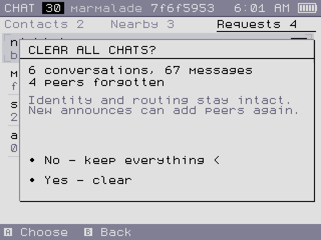 Clear all chats empties every conversation; your identity stays.