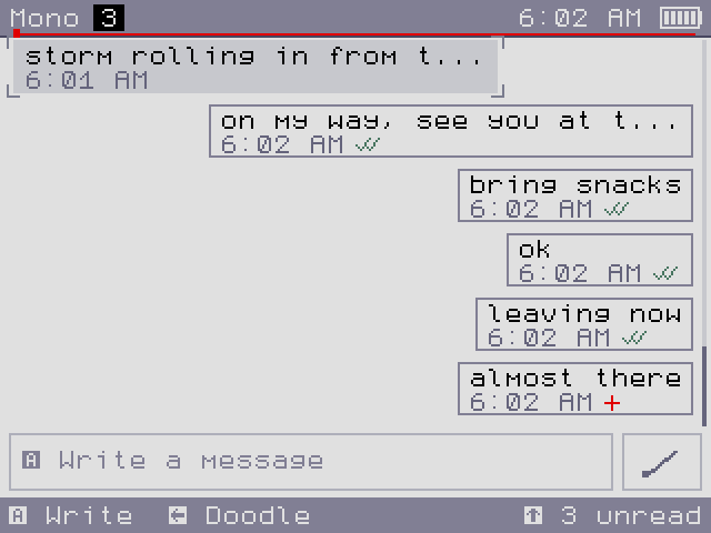 A conversation after a failed send. The bottom-right corner points to unread messages above.