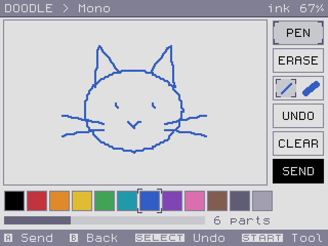 Drawing with a finger. Picking a colour recolours the whole doodle.