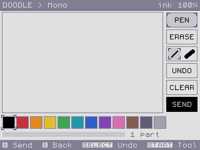 The editor: canvas, tools on the right, colours below, and the ink meter.